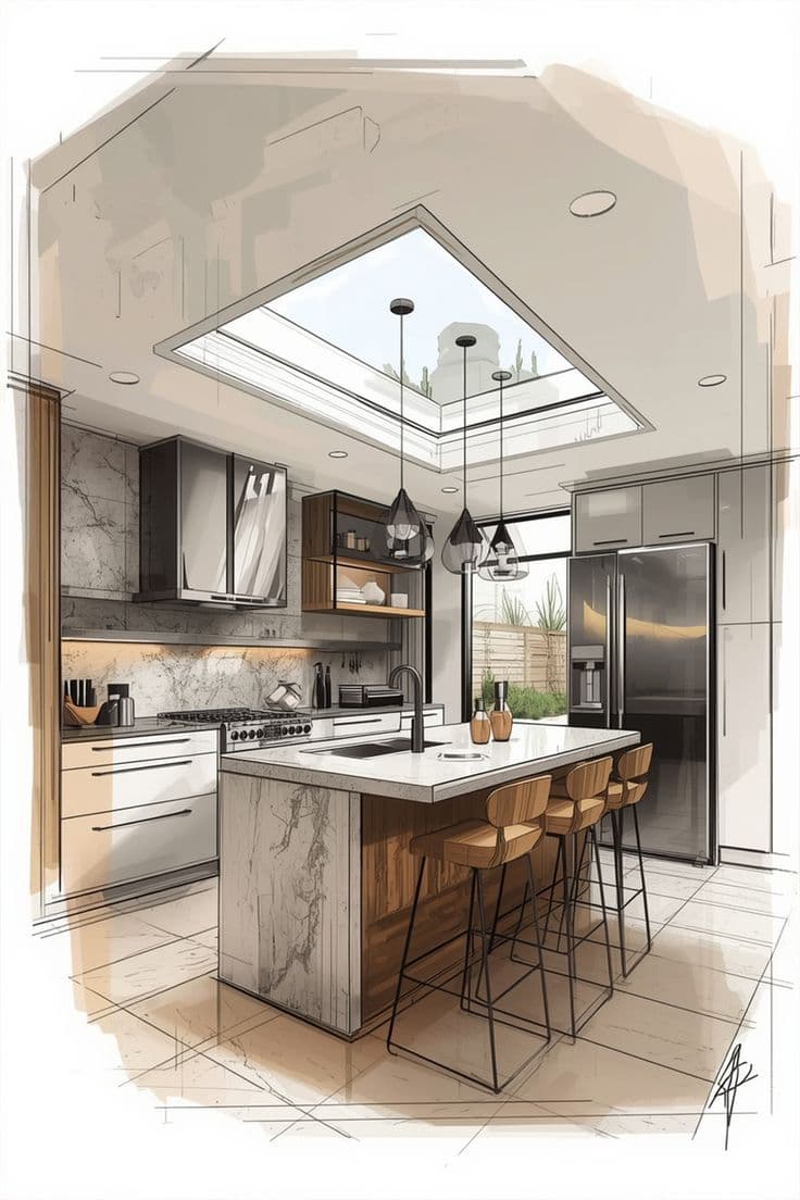 Cuisine aquarelle marbre et bois